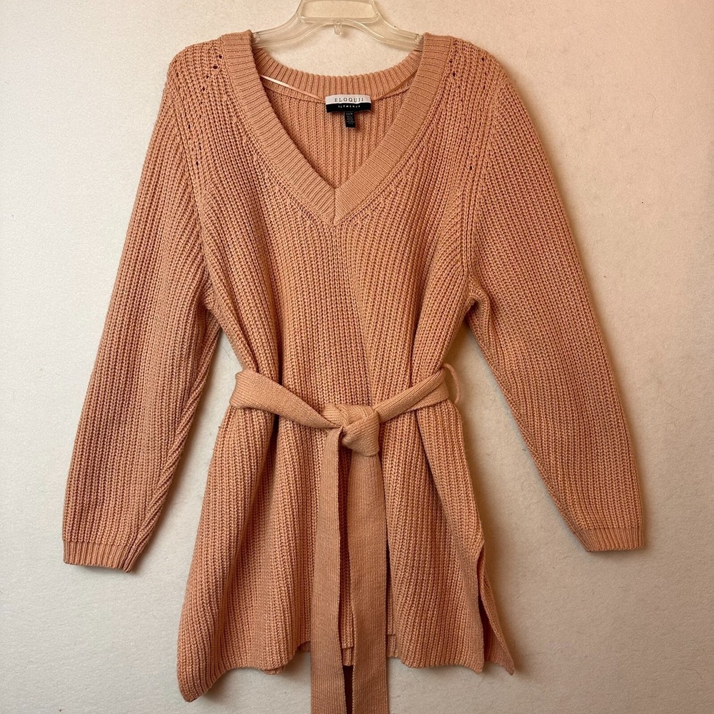 Eloquii Elements Womens 22/24 Peach Ribbed V-Neck Belted Tunic Sweater Plus Size